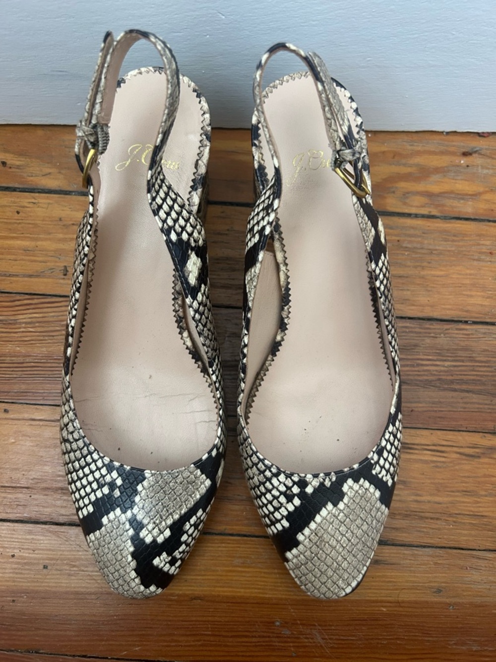 J. Crew Snake-Print Slingback Pumps in Black and Cream